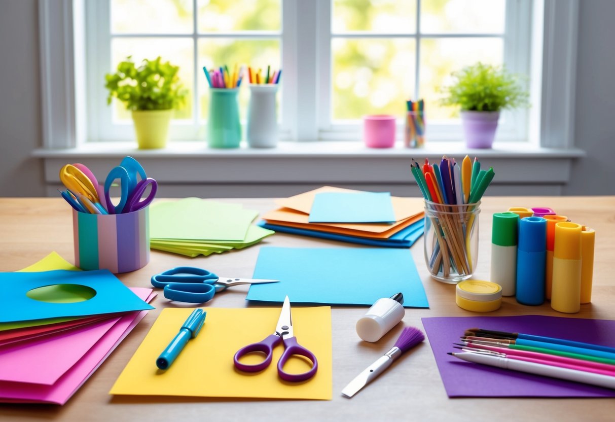 A table with various craft supplies neatly organized, including colorful paper, scissors, glue, markers, and paint brushes. A bright window lets in natural light, creating a cozy and inviting atmosphere for crafting