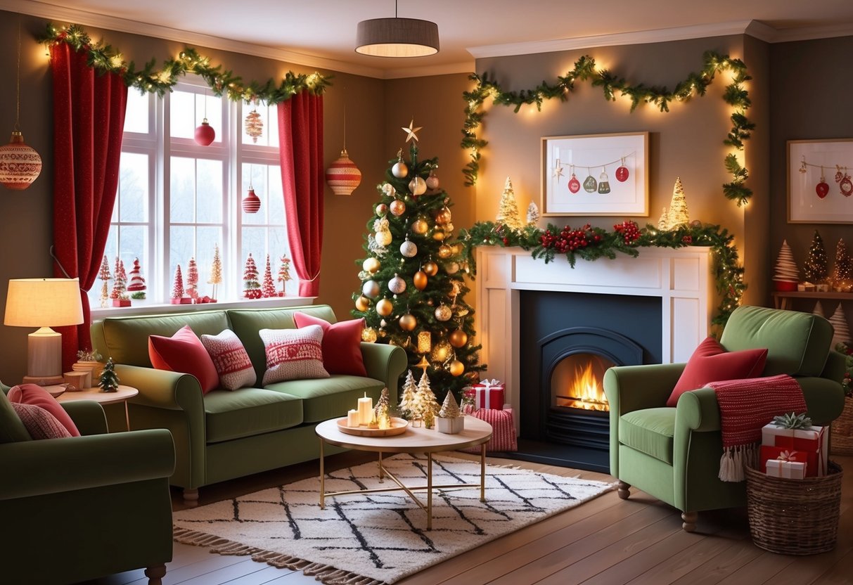 A cozy living room adorned with handmade ornaments, twinkling lights, and festive garlands, creating a warm and inviting atmosphere for holiday celebrations