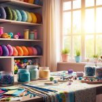 A cozy craft room with shelves of colorful yarn, jars of beads, and a table strewn with fabric swatches and paintbrushes. Sunlight streams in through a window, casting a warm glow over the creative space