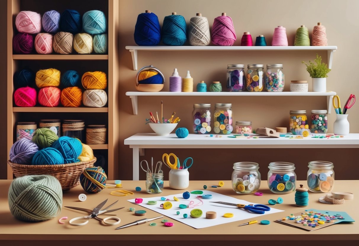 A cozy craft room with shelves of colorful yarn, jars of buttons, and a worktable scattered with scissors, glue, and various handmade trinkets
