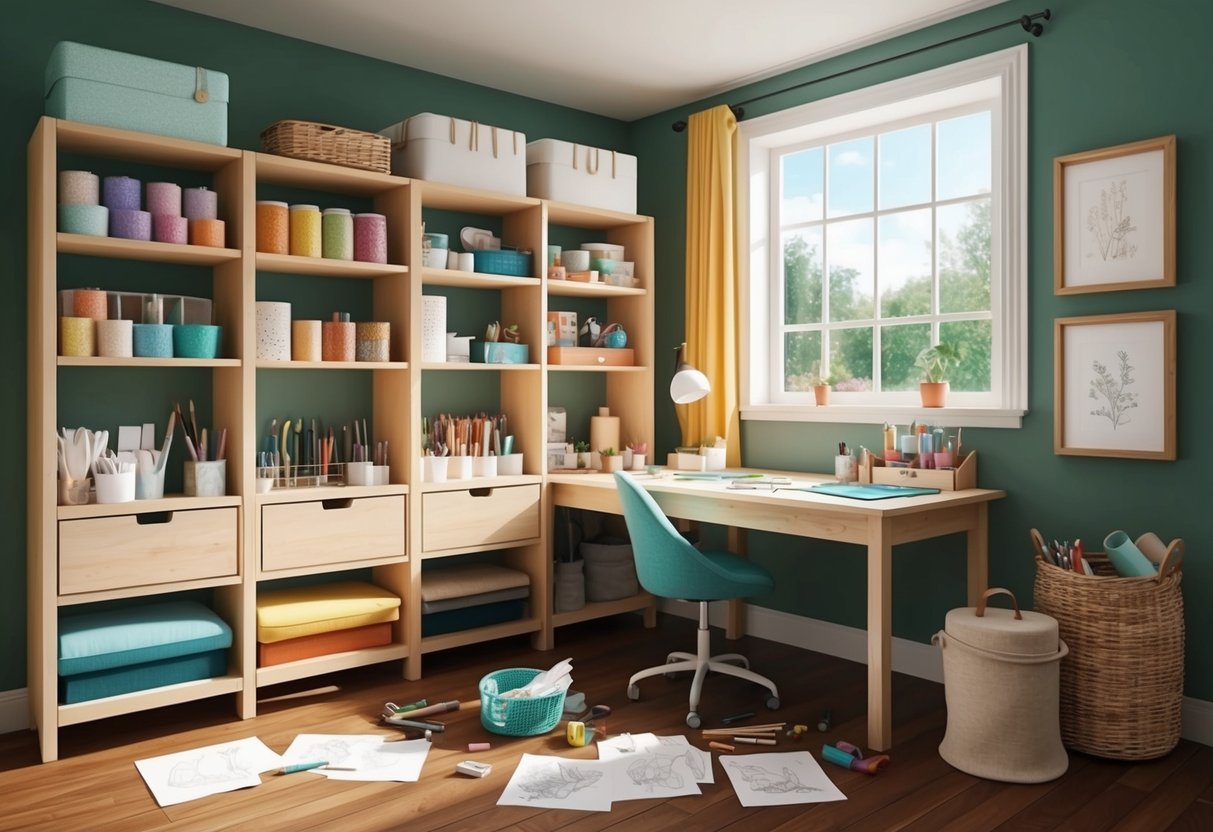 A cozy craft room with shelves of colorful materials, a desk scattered with sketches, and a window streaming in natural light