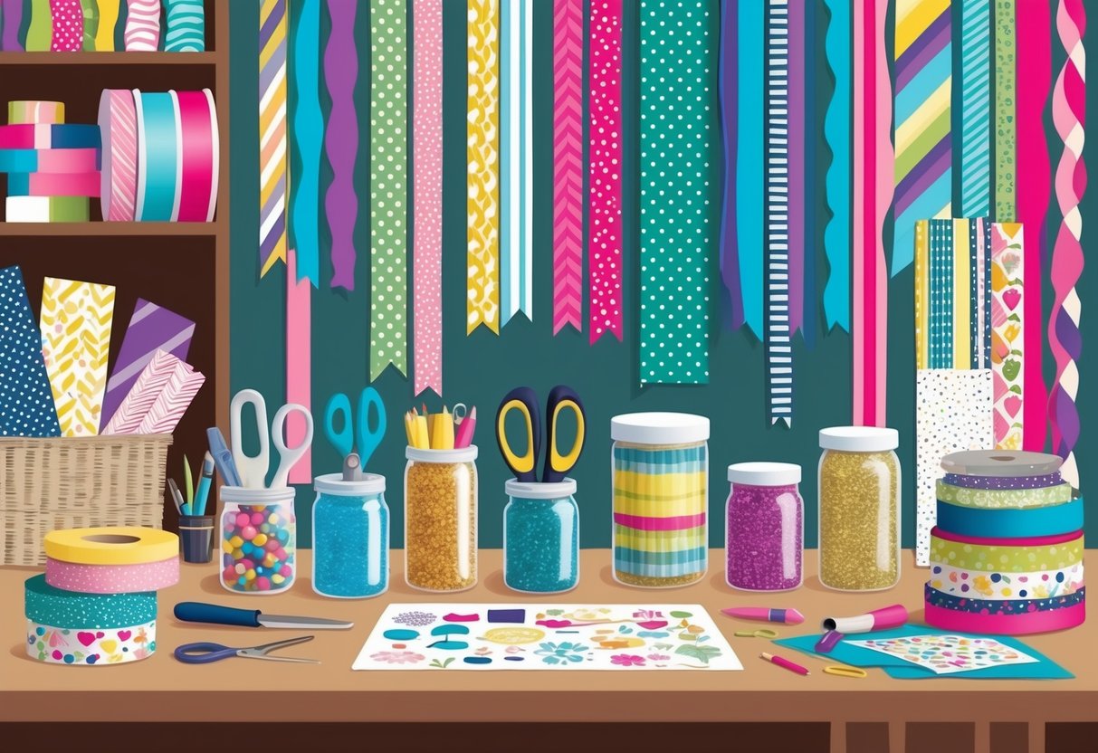 A cozy craft room filled with colorful ribbons, patterned paper, and jars of glitter. A desk holds a variety of tools and materials for creating personalized gifts with meaning