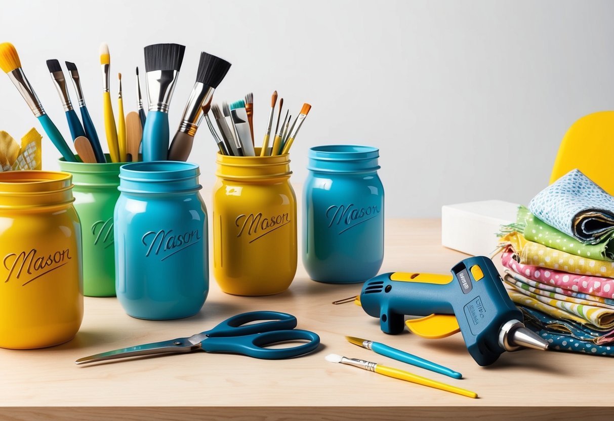 A table with various everyday items such as mason jars, paint brushes, and fabric scraps arranged neatly next to a pair of scissors and a glue gun