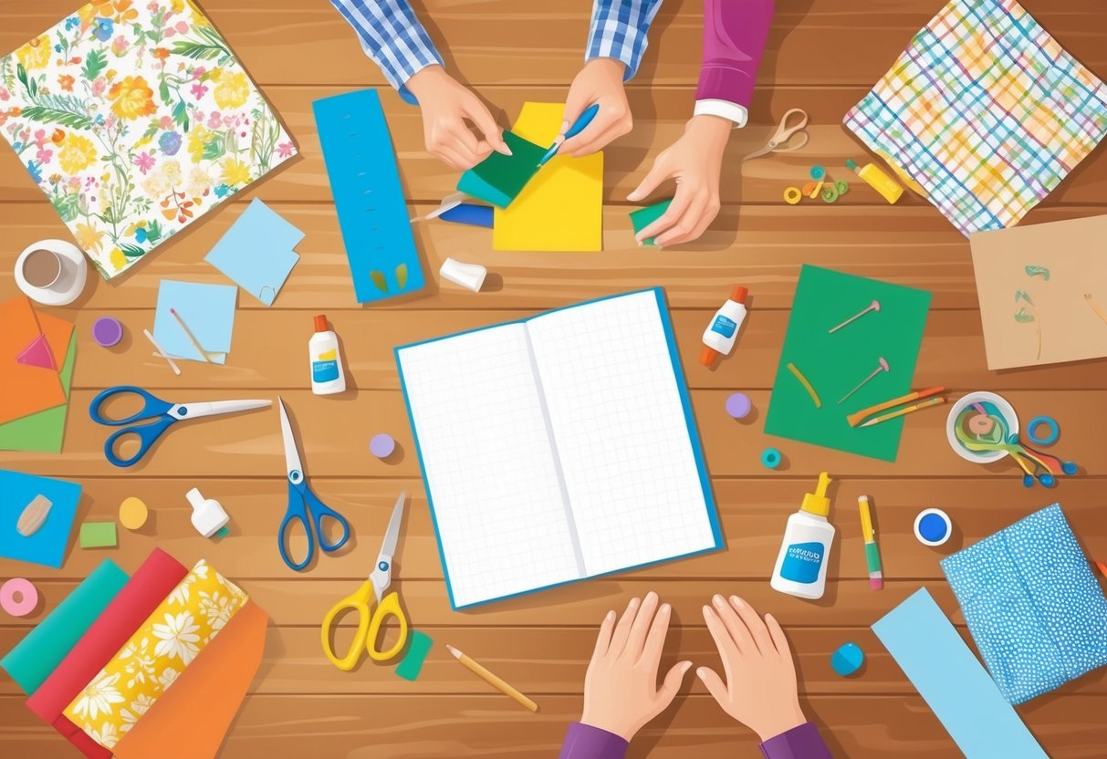 A table with colorful, everyday items like scissors, glue, paper, and fabric. A variety of craft projects in progress, from simple to intricate