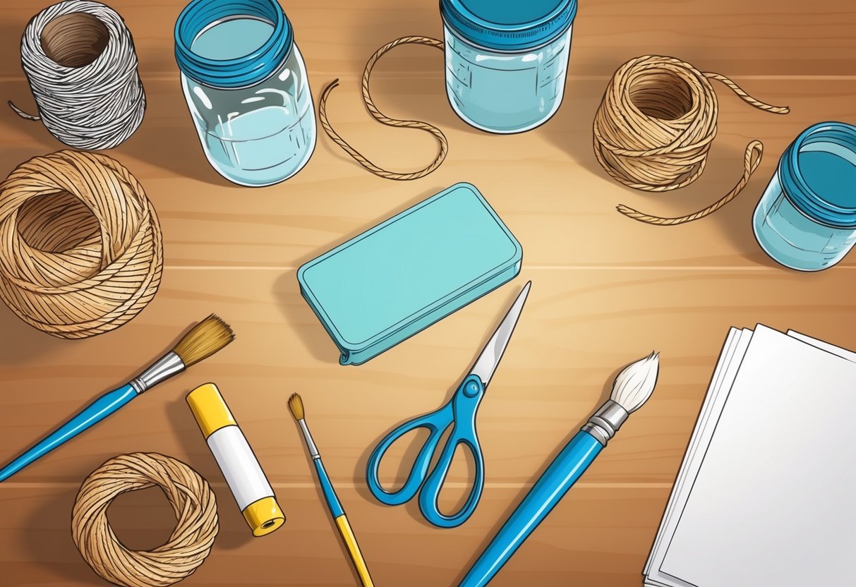 A table with various everyday items like mason jars, twine, paint, and brushes. A pair of scissors and glue stick are nearby