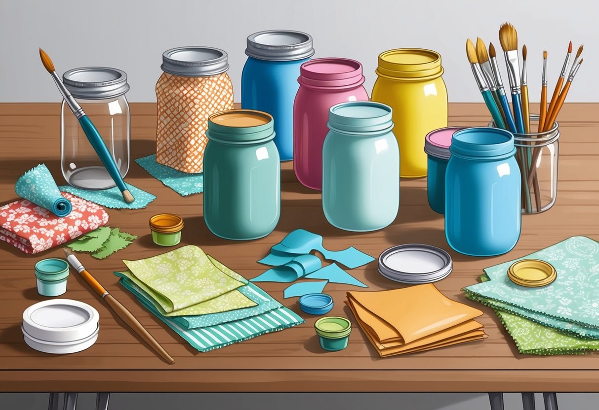 A table with various everyday items like mason jars, fabric scraps, and paint brushes arranged for crafting
