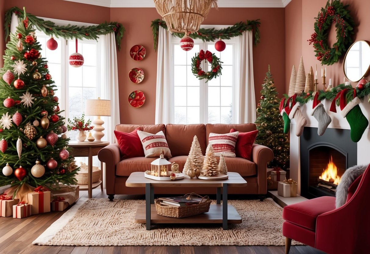 A cozy living room adorned with handmade ornaments and festive decorations, creating a warm and inviting holiday atmosphere