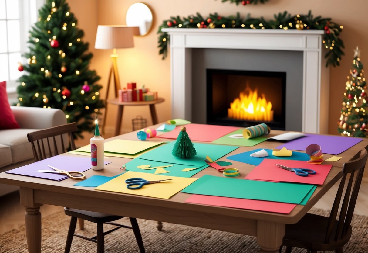 A cozy living room with a table covered in colorful paper, glue, scissors, and festive decorations. A warm fireplace and twinkling lights add a festive touch