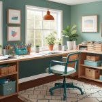 A cozy workspace with natural light, a clutter-free desk, art supplies neatly organized, and a serene atmosphere to inspire creativity