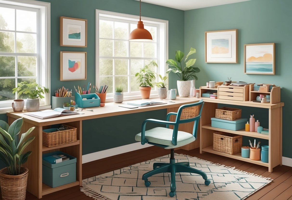 A cozy workspace with natural light, a clutter-free desk, art supplies neatly organized, and a serene atmosphere to inspire creativity