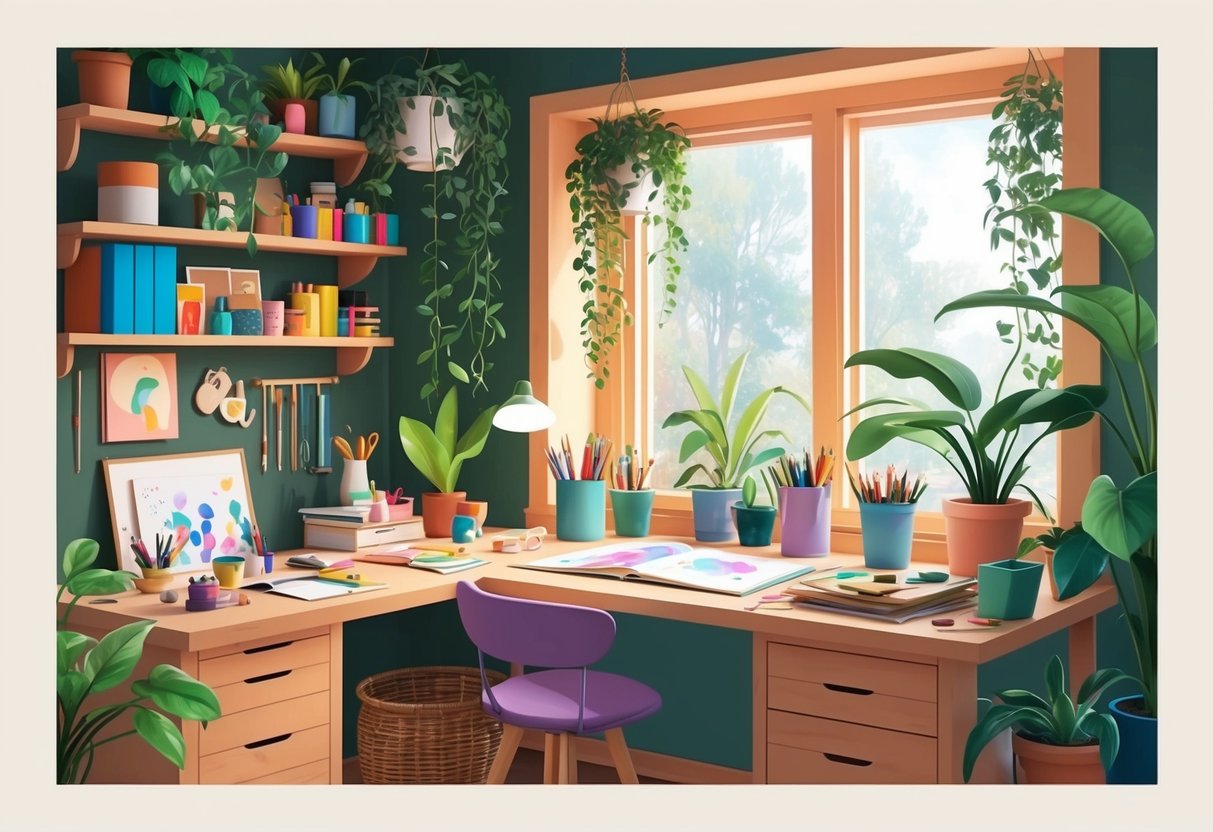 A cozy workspace with a desk filled with colorful art supplies, natural light streaming in through a window, and a peaceful plant-filled environment