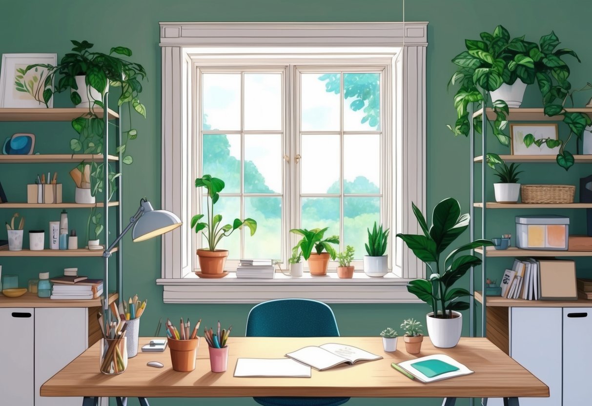 A cozy workspace with a desk, plants, art supplies, and natural light streaming in through a window