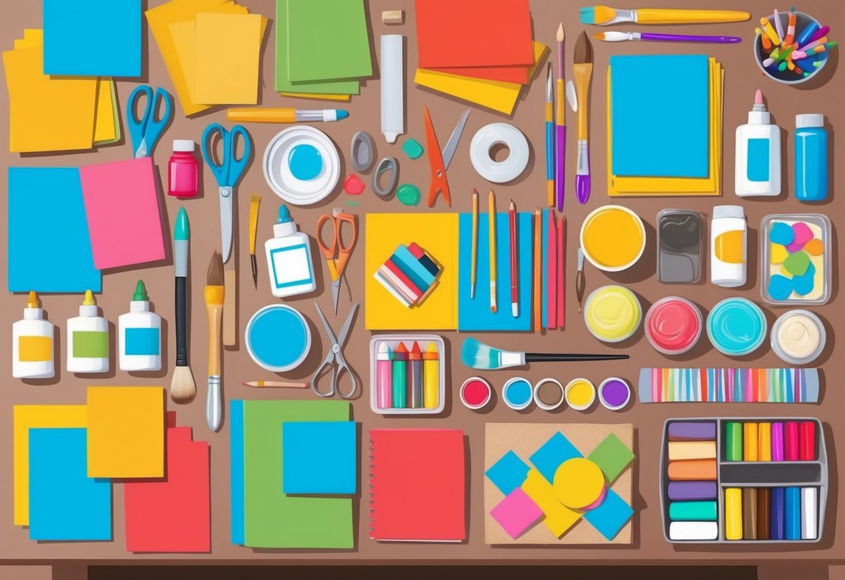 A table filled with colorful paper, scissors, glue, paint, brushes, markers, and other craft supplies neatly organized in containers