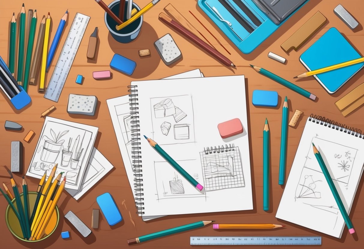 A cluttered desk with various drawing and sketching supplies scattered around, including pencils, erasers, rulers, and sketchbooks