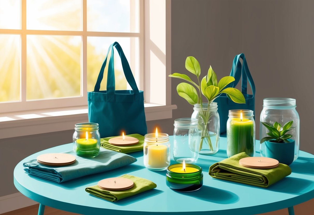 A table filled with handmade eco-friendly crafts: reusable cloth bags, upcycled glass jars, and plant-based candles. Sunlight streams in through a window, casting a warm glow on the items