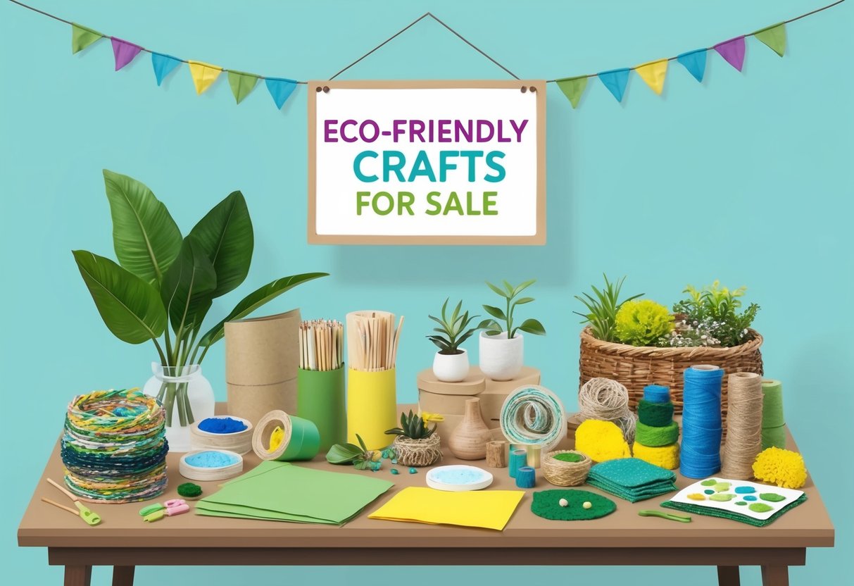 A table filled with eco-friendly craft supplies like recycled paper, natural dyes, and sustainable fabrics. A sign promoting "Eco-Friendly Crafts for Sale" hangs above