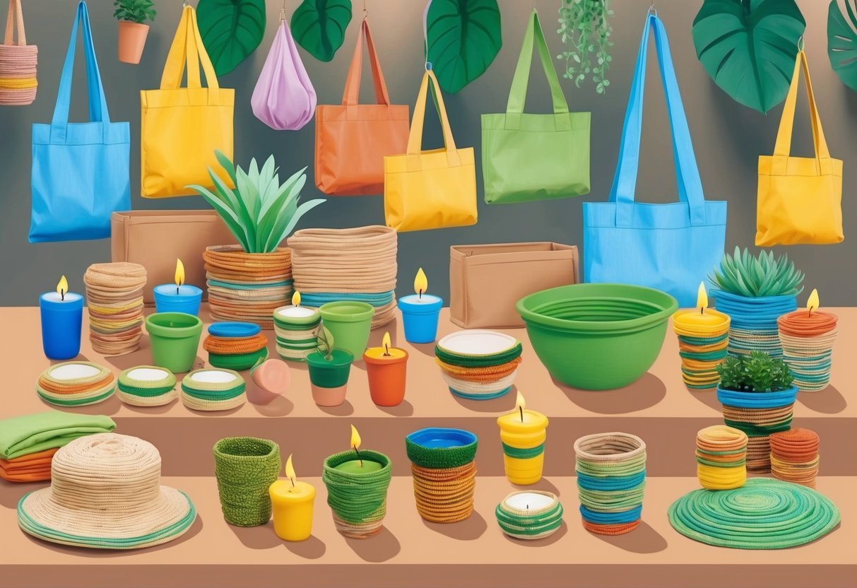 A table filled with handmade eco-friendly crafts, such as reusable bags, planters, and candles, displayed for sale at a market