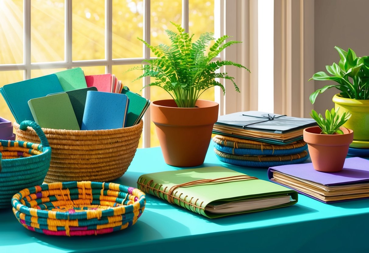 A table filled with colorful, eco-friendly handmade crafts: woven baskets, recycled paper journals, and ceramic plant pots. Sunlight streams in through a window, casting a warm glow over the items