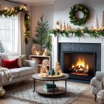 A cozy living room with a crackling fireplace, adorned with handmade Christmas ornaments and twinkling lights, surrounded by festive greenery and cozy blankets