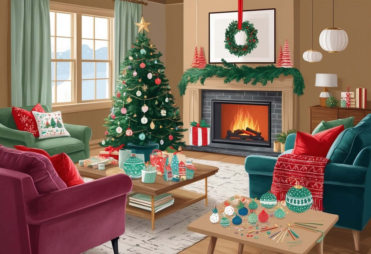 A cozy living room with a crackling fireplace, a decorated Christmas tree, and a table filled with crafting supplies for making personalized DIY ornaments