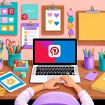 A cozy workspace with a laptop open to Pinterest and Instagram, surrounded by colorful craft supplies and inspirational mood boards on the wall