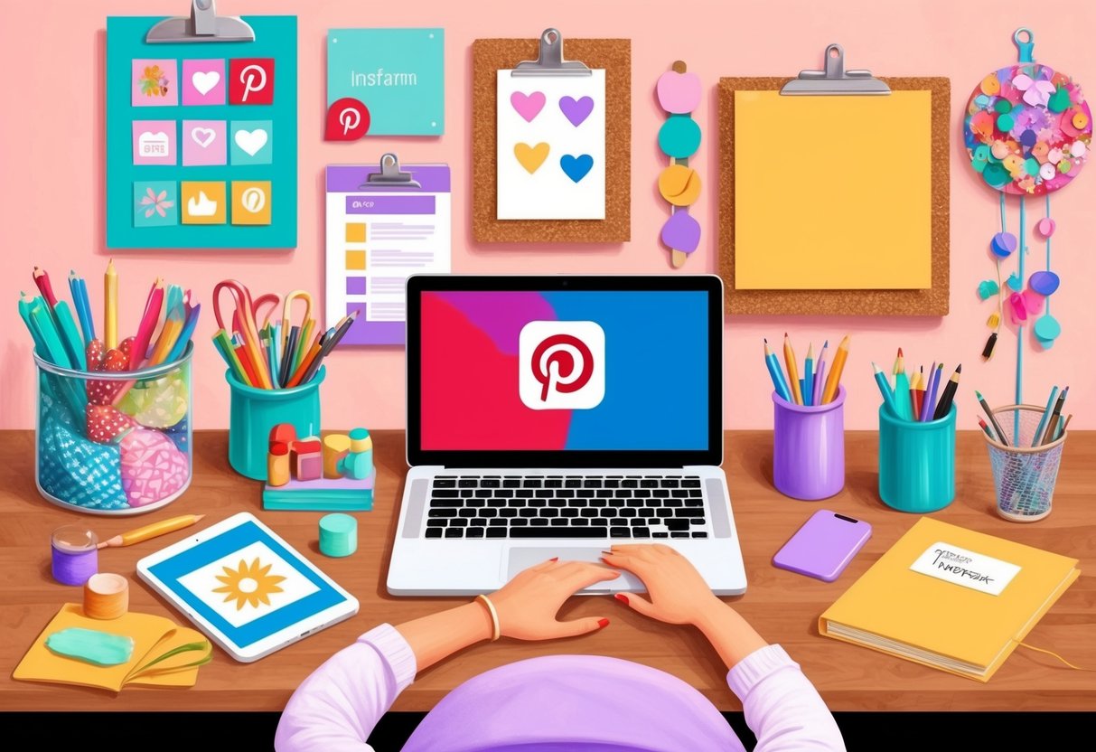 A cozy workspace with a laptop open to Pinterest and Instagram, surrounded by colorful craft supplies and inspirational mood boards on the wall