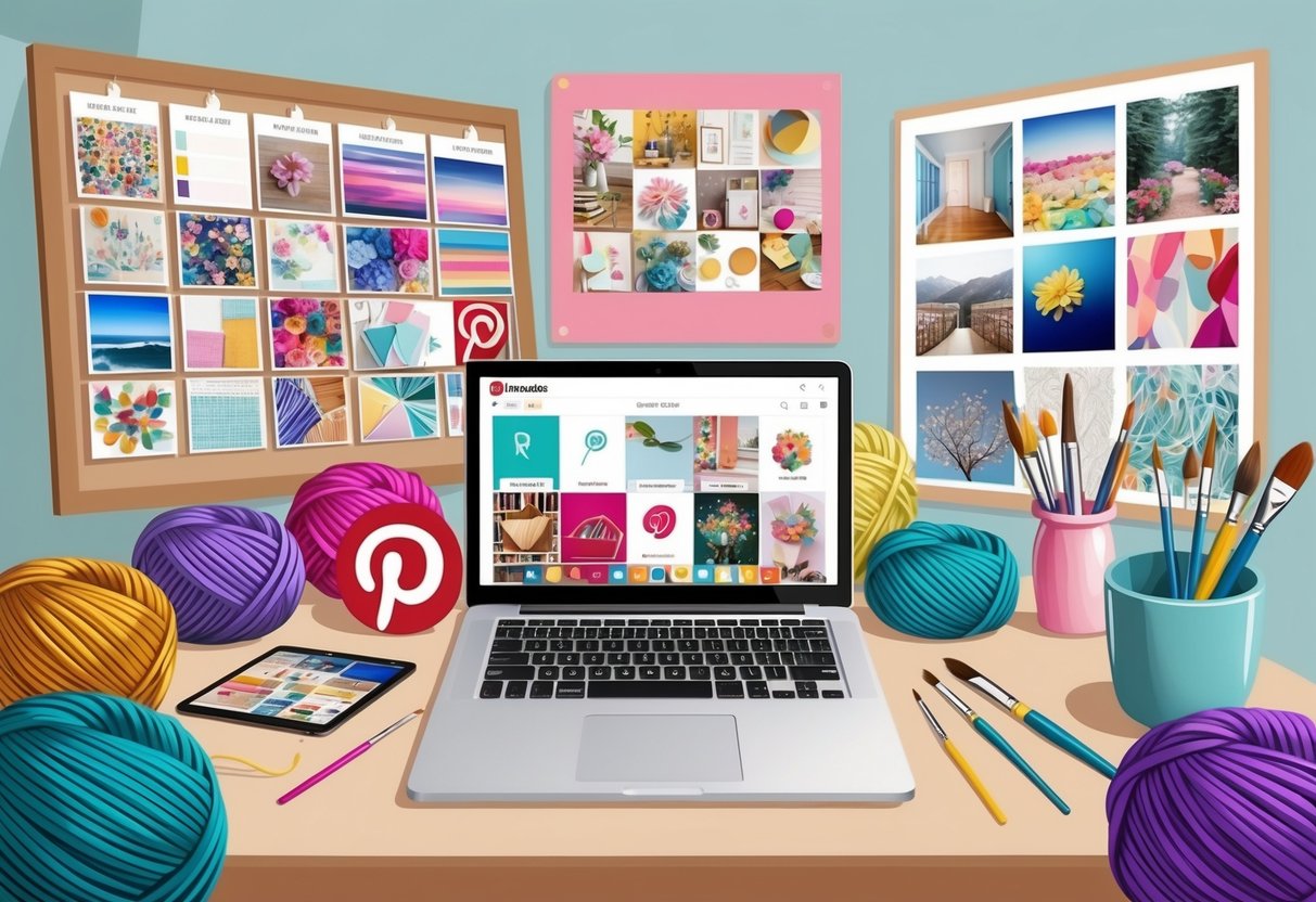 A cozy craft room with a laptop open to Pinterest and Instagram, surrounded by colorful yarn, paintbrushes, and a mood board filled with inspiring images