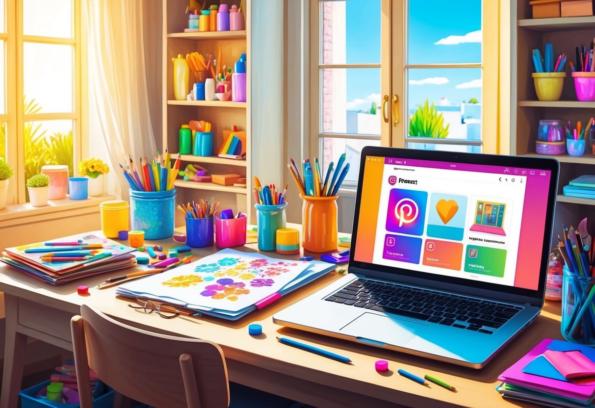 A cozy, sunlit room with a cluttered desk, filled with colorful art supplies and a laptop open to Pinterest and Instagram, displaying trending DIY projects
