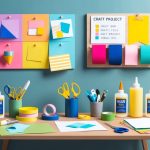 A table with various craft supplies: glue bottles, tape, scissors, paper, and fabric swatches. A colorful mood board with craft project ideas hangs on the wall
