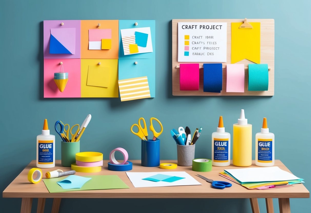 A table with various craft supplies: glue bottles, tape, scissors, paper, and fabric swatches. A colorful mood board with craft project ideas hangs on the wall