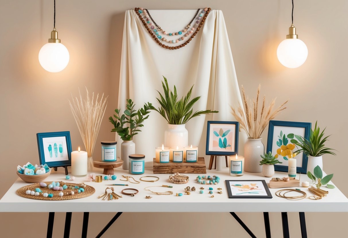 A table filled with handmade crafts, including jewelry, candles, and artwork, displayed against a neutral backdrop with soft lighting