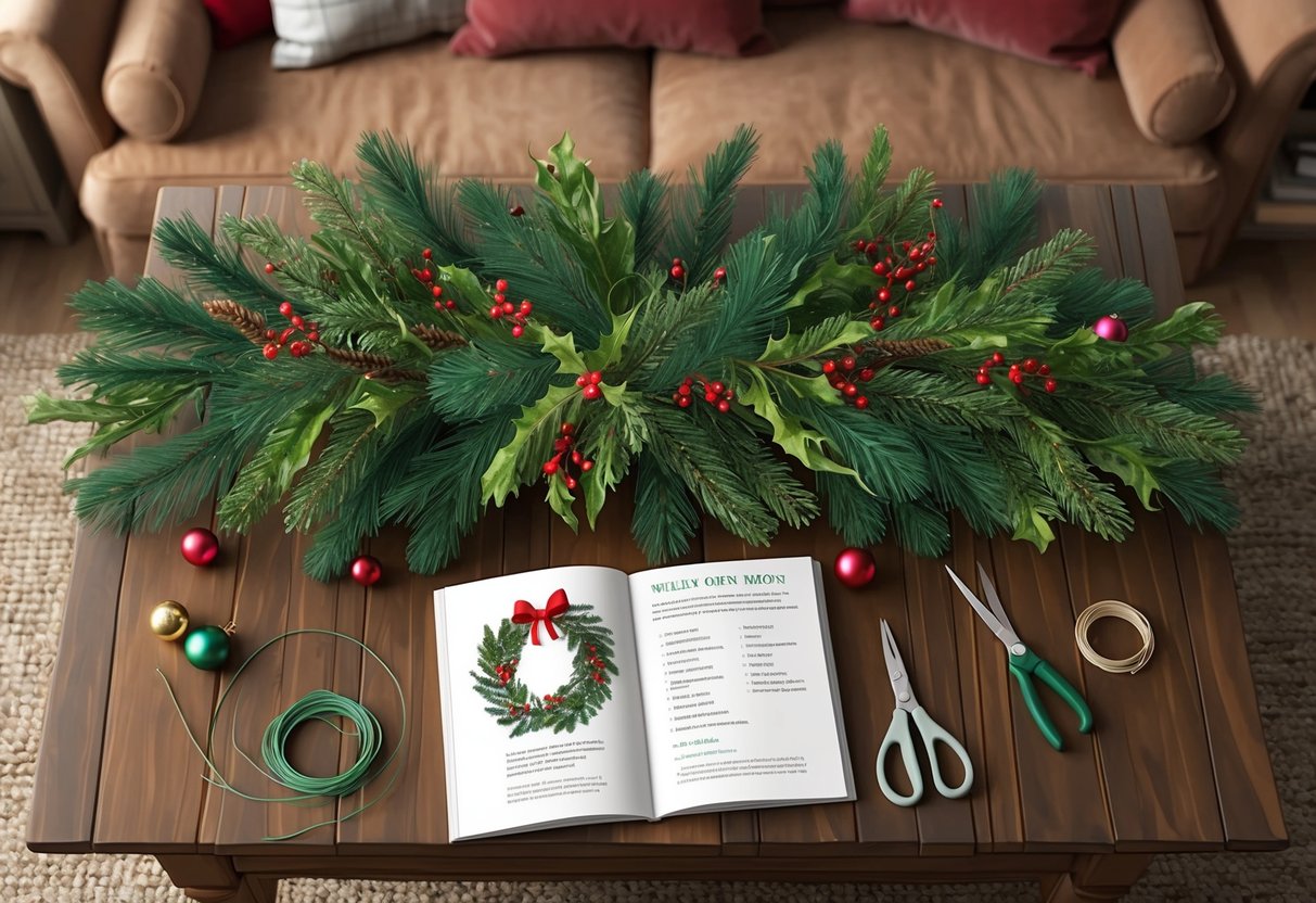 A cozy living room with a large wooden table covered in pine branches, holly berries, and assorted ribbons and ornaments. A wreath-making guidebook is open next to a pair of scissors and floral wire