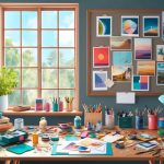 A cluttered desk with scattered art supplies, a window with natural light, and a mood board filled with inspiring images and colors