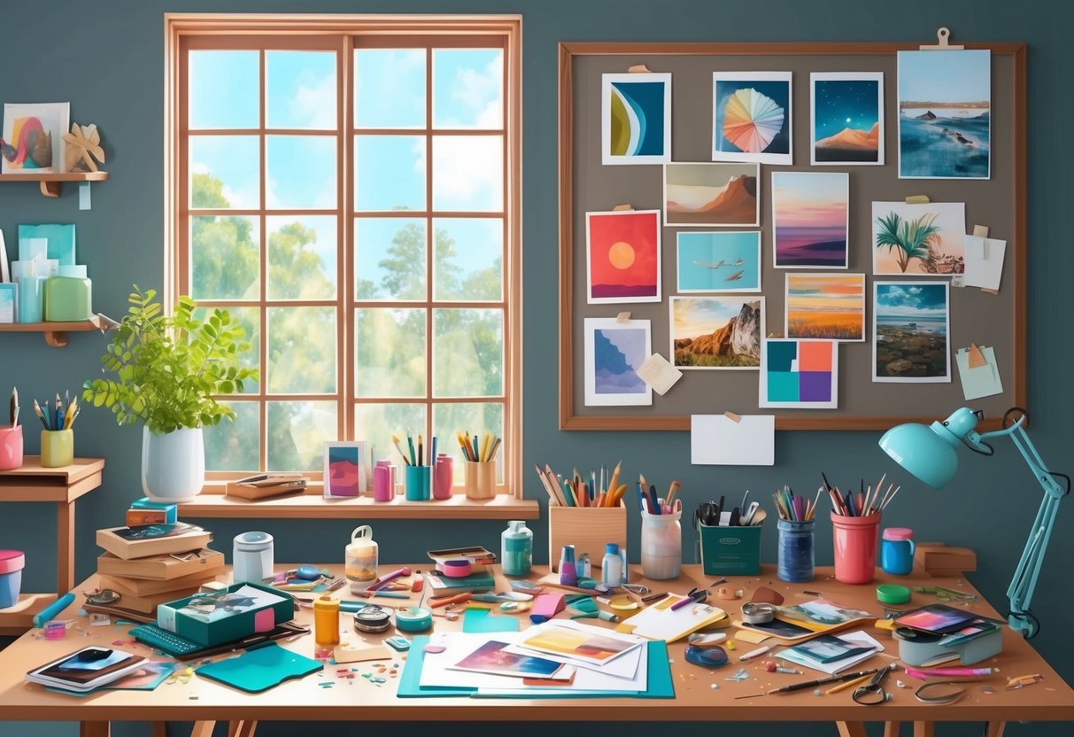 A cluttered desk with scattered art supplies, a window with natural light, and a mood board filled with inspiring images and colors