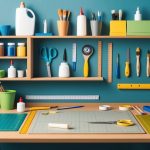 A well-organized workbench with various crafting tools neatly arranged on shelves and a sturdy table, including scissors, glue, paintbrushes, rulers, and cutting mats