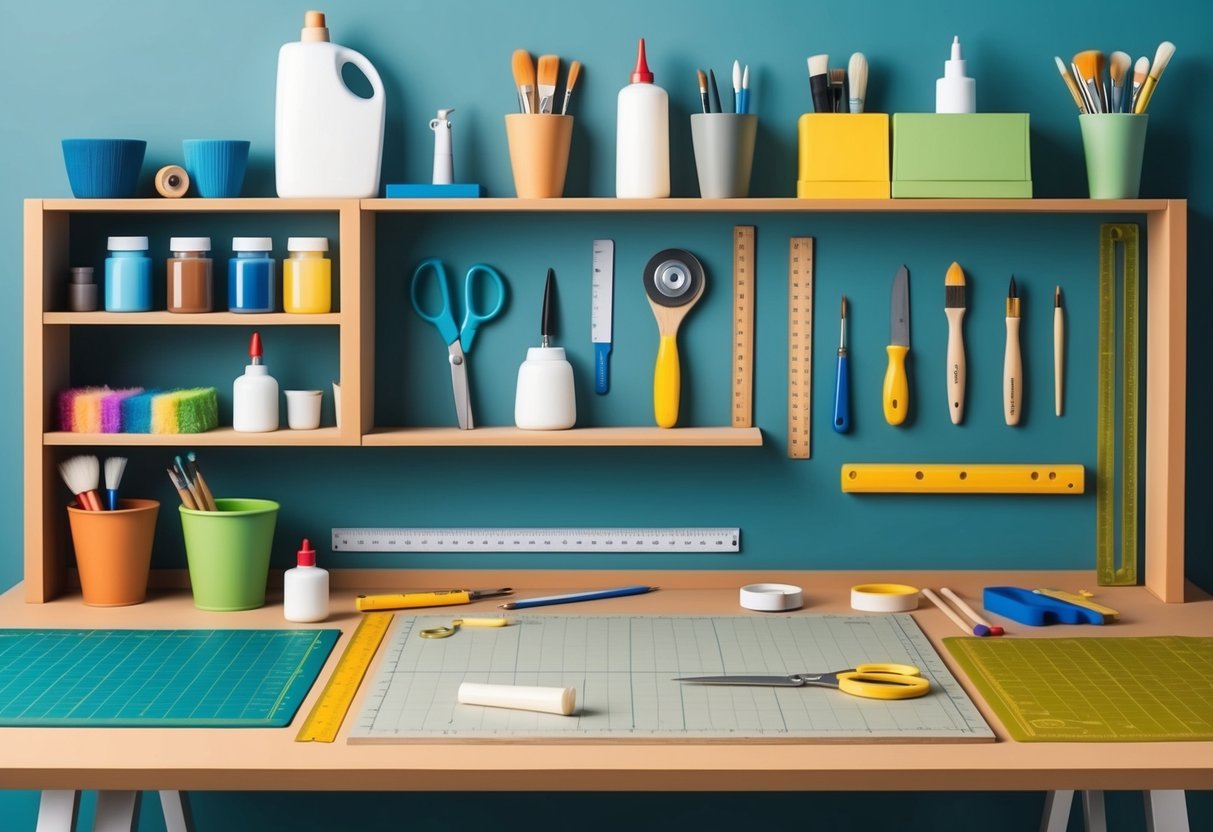 A well-organized workbench with various crafting tools neatly arranged on shelves and a sturdy table, including scissors, glue, paintbrushes, rulers, and cutting mats