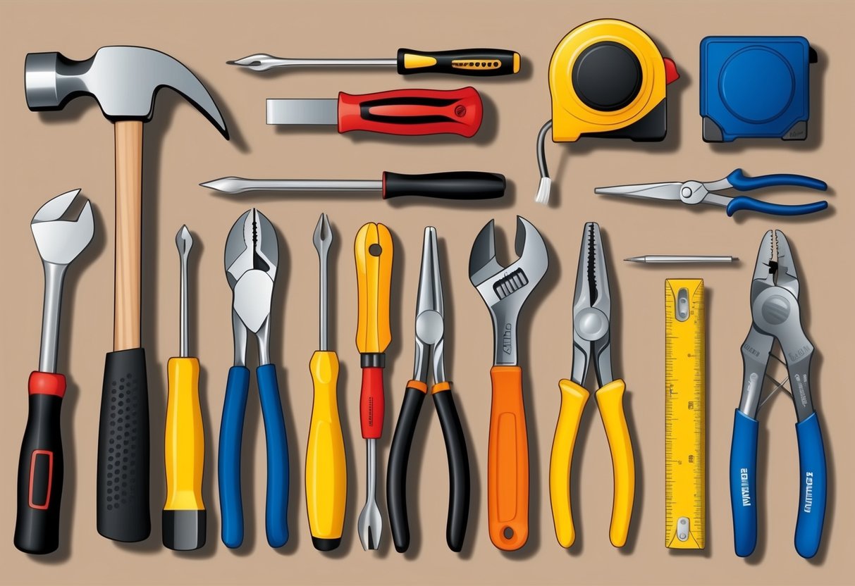 A workbench with various hand tools neatly organized, including hammers, screwdrivers, pliers, and measuring tapes, ready for crafting